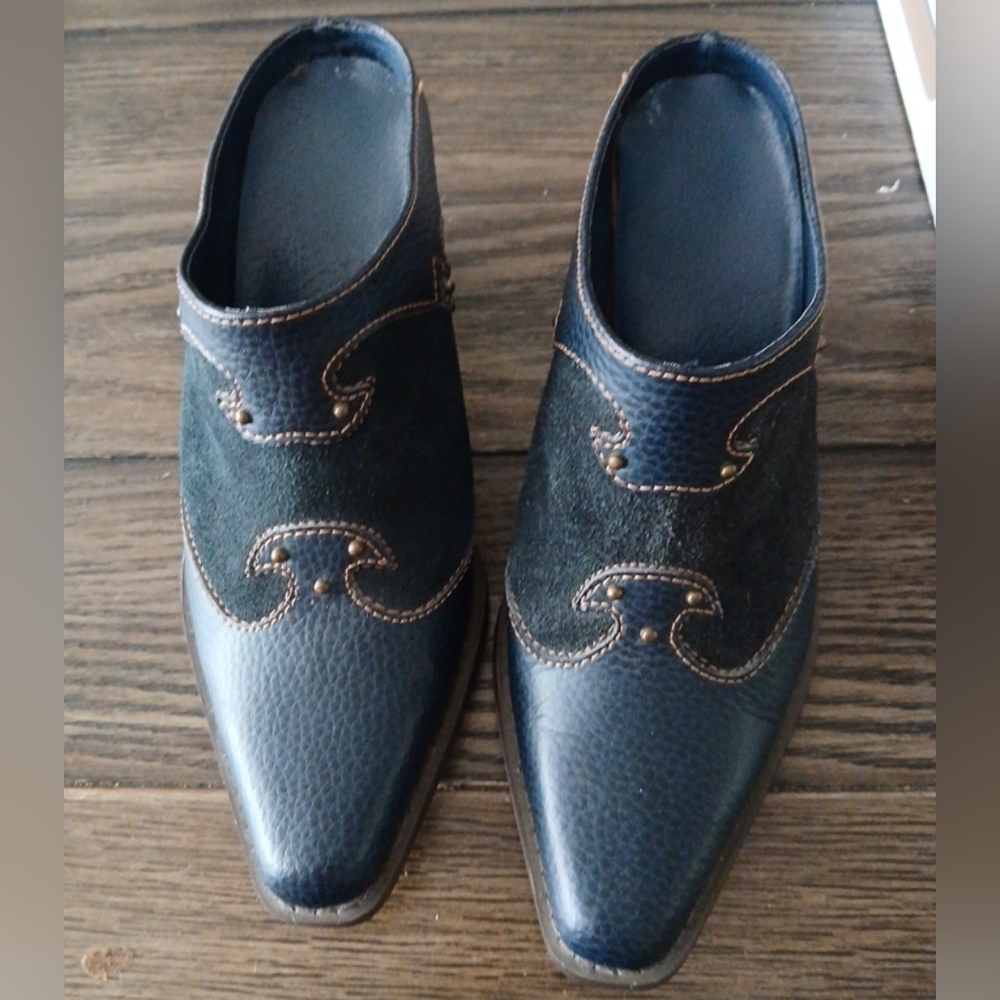 Western Blue Leather & Suede Mules Slip On Boot Style Brass Rivets women Size 6